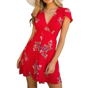 Red floral wrap dress